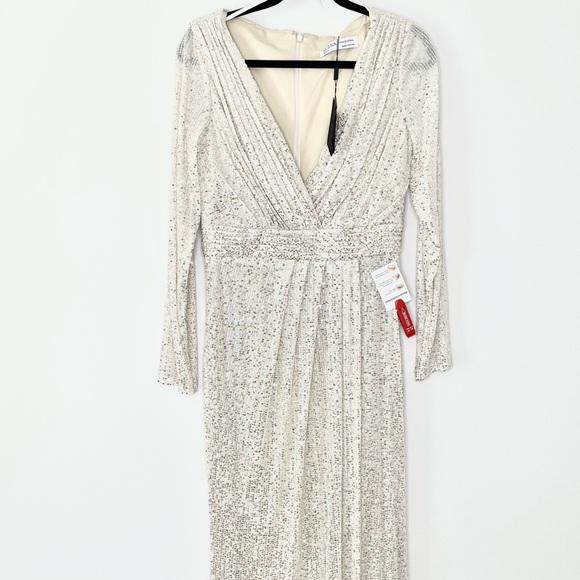 NWT leena for Mac Duggal Sequined Faux Wrap Sleeve Column Gown Silver Nude - Picture 5 of 7